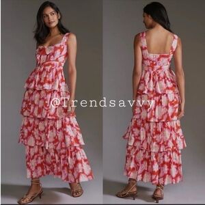 Anthropologie Vineet Bahl Red Floral Tiered Maxi Dress Size 10 Wedding Guest